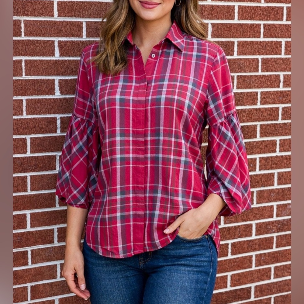 -Lauren Ralph Lauren Plaid 3/4 Bell-Sleeve Button Down Red Gray Women Sz Medium